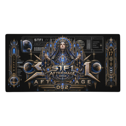 Flat view of the STF1 Afterimage 002 Subjugation 36 by 18 inch gaming mouse pad featuring blue, gold, and black Cyber Madonna artwork