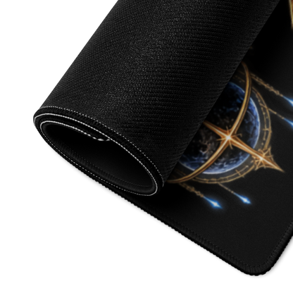 Close-up of the Afterimage 002 gaming mouse pad showing the printed surface, stitched edge, and black non-slip rubber backing