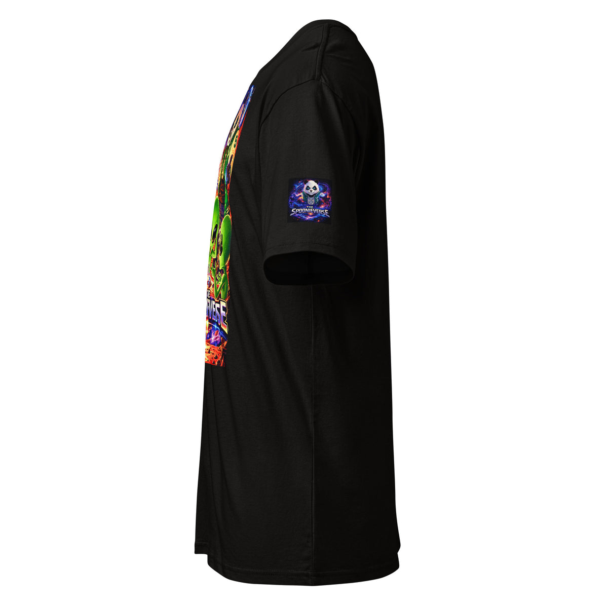 Side view of Out of This World II cosmic Spoonieverse shirt artwork sleeve logo