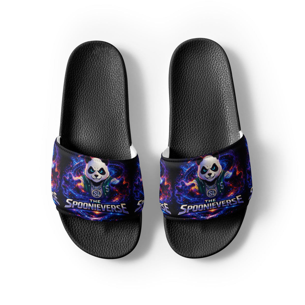 Top view of Spoonieverse logo men's slides