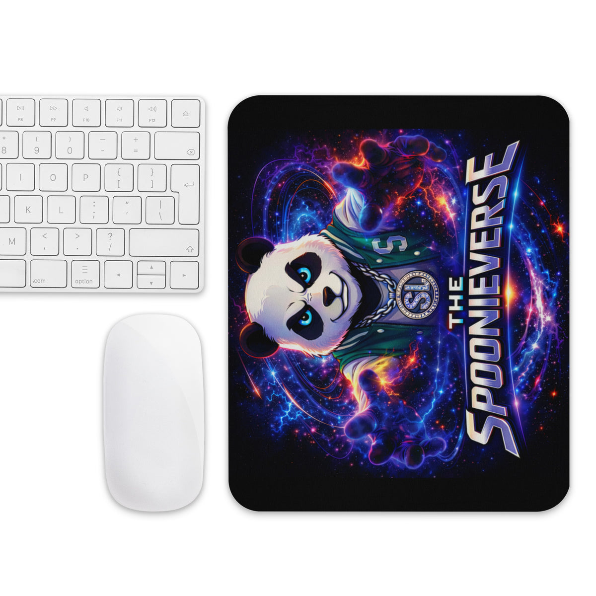 Spoonieverse main logo mouse pad in gaming desk setup