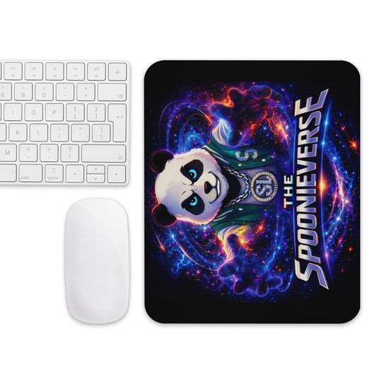 Spoonieverse main logo mouse pad in gaming desk setup