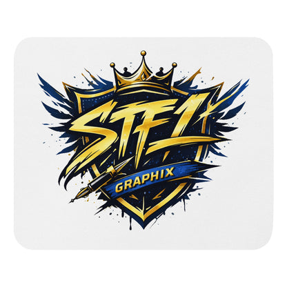 STF1 Graphix Shield Logo white mouse pad with gold blue and black company emblem