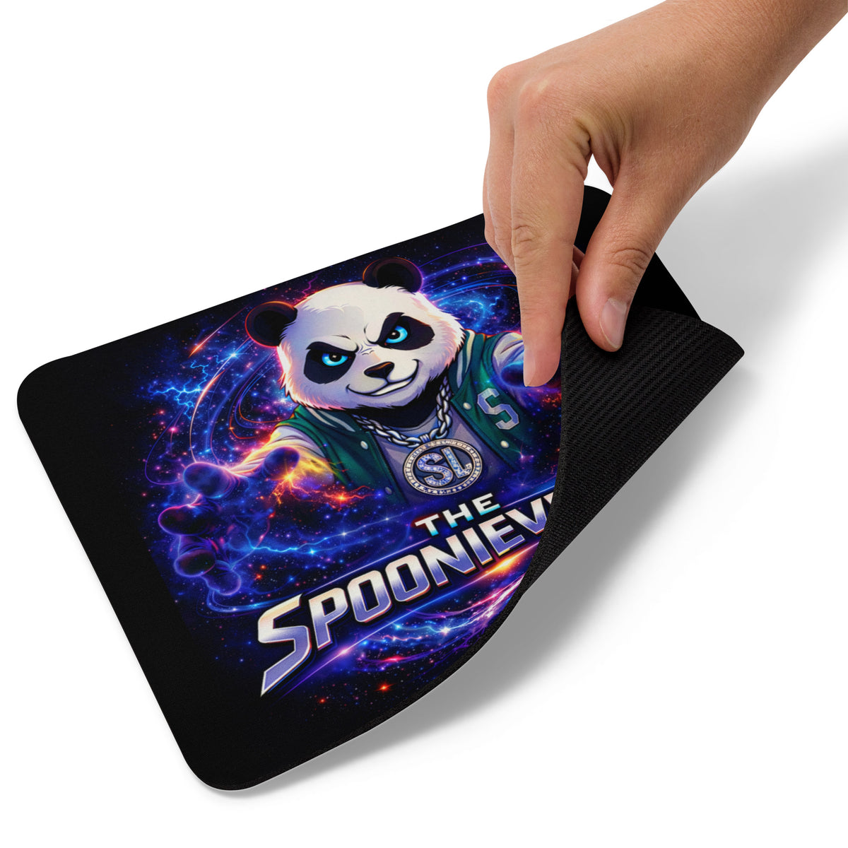 Close-up of main Spoonieverse logo on gaming mouse pad