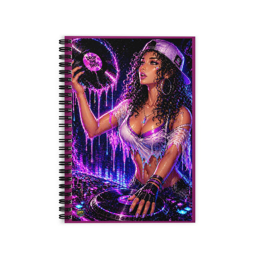 Front cover of Drop the Bass spiral notebook featuring a female DJ holding a vinyl record above turntables in vivid purple artwork.