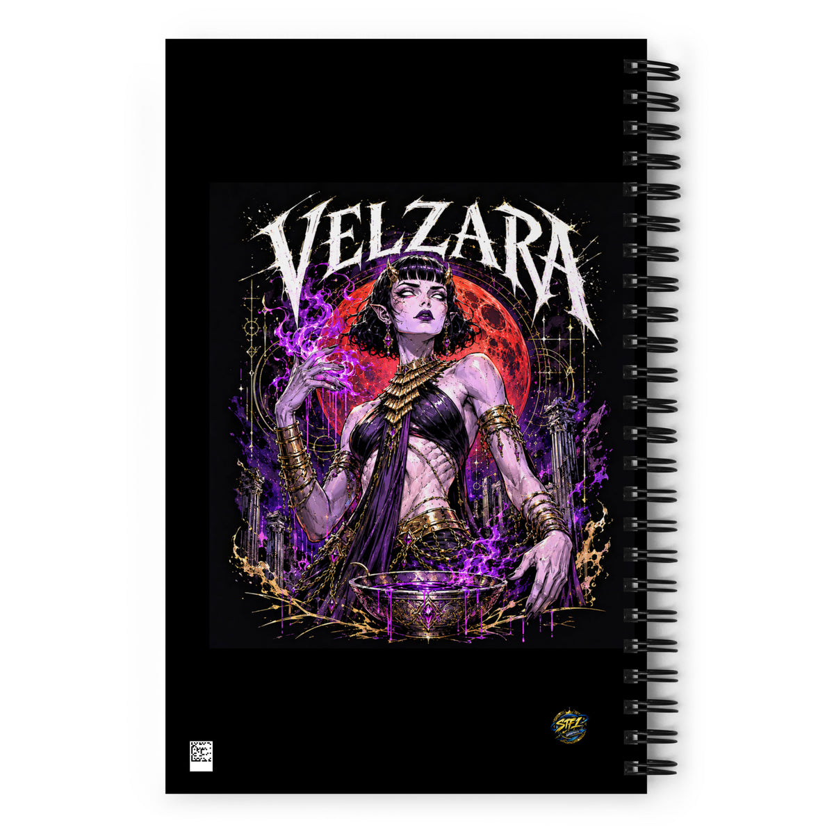 Velzara spiral notebook featuring Queen of the Blood Moon artwork back featuring the STF1 Graphix logo
