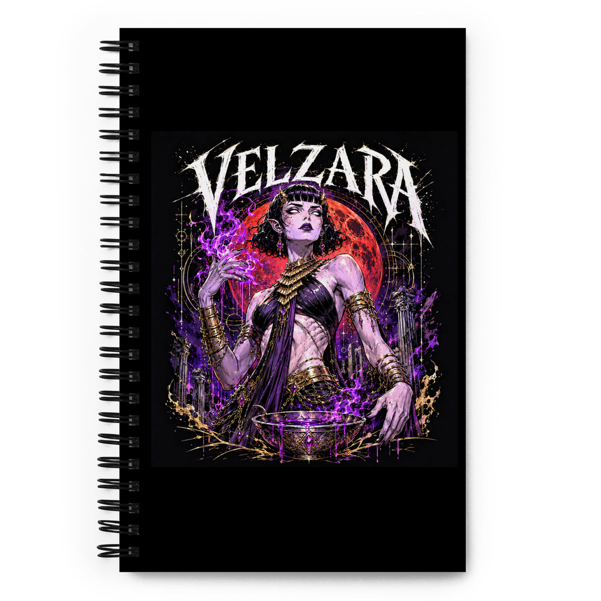 Velzara Queen of the Blood Moon spiral notebook with dark fantasy cover art