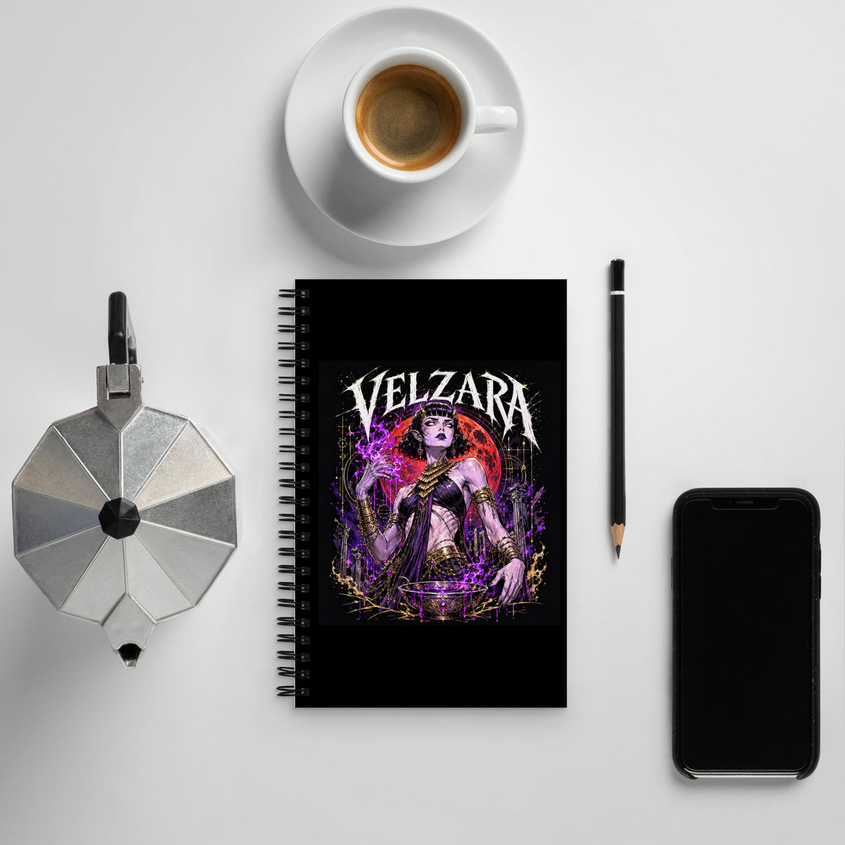 Velzara dark fantasy spiral notebook in desktop setting