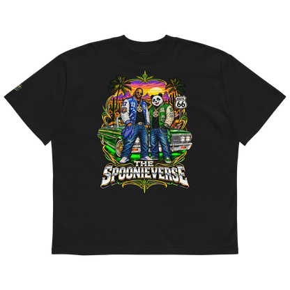 Black Spoonieverse Route 66 Lowrider Sunset oversized T-shirt with colorful lowrider crew graphic on front