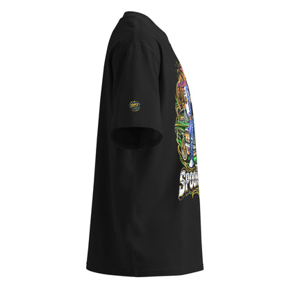 Side view of black Spoonieverse Lowrider Sunset oversized T-shirt with Route 66 artwork
