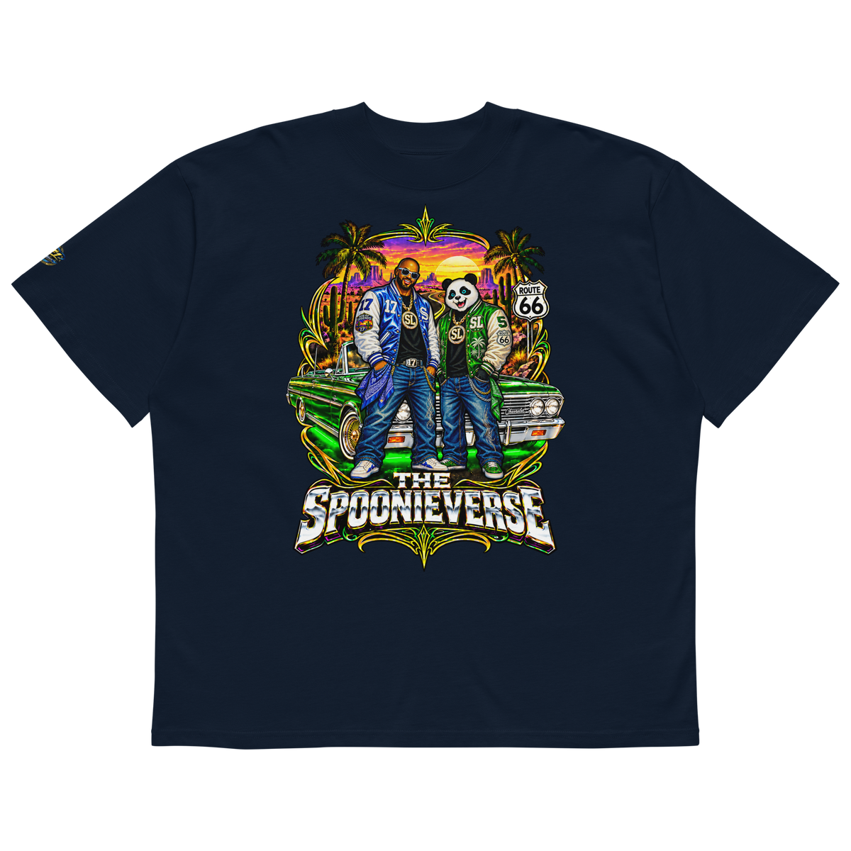 Spoonieverse Route 66 Lowrider Sunset oversized T-shirt in French Navy with colorful lowrider character artwork