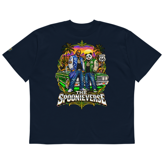 Spoonieverse Route 66 Lowrider Sunset oversized T-shirt in French Navy with colorful lowrider character artwork