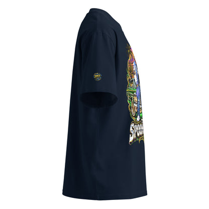 Side view of French Navy Spoonieverse Lowrider Sunset oversized T-shirt showing Route 66 graphic placement