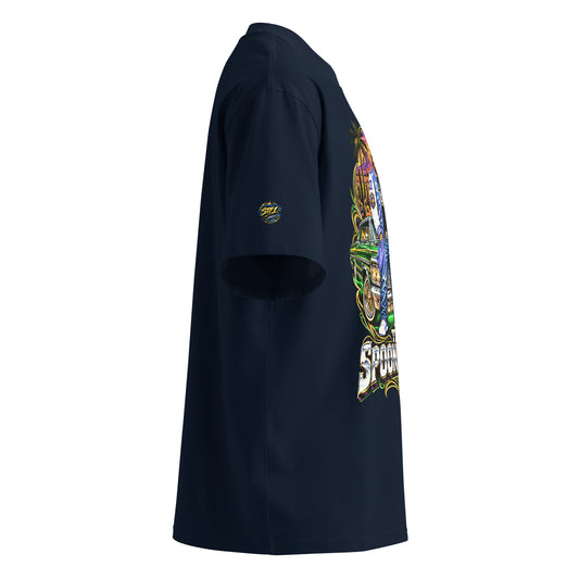 Side view of French Navy Spoonieverse Lowrider Sunset oversized T-shirt showing Route 66 graphic placement
