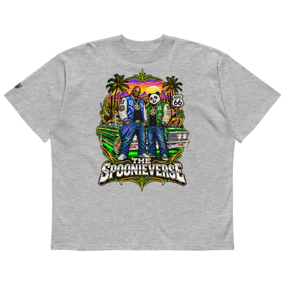 Heather Grey Spoonieverse Route 66 Lowrider Sunset oversized T-shirt with colorful character and lowrider artwork