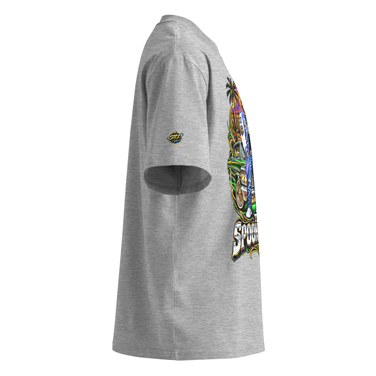 Side view of Heather Grey Spoonieverse Lowrider Sunset oversized T-shirt showing graphic placement