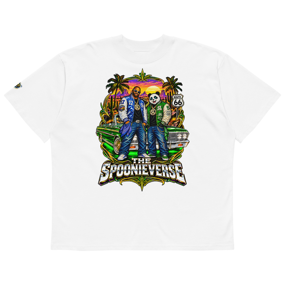 White Spoonieverse Route 66 Lowrider Sunset oversized T-shirt with colorful lowrider crew graphic on front