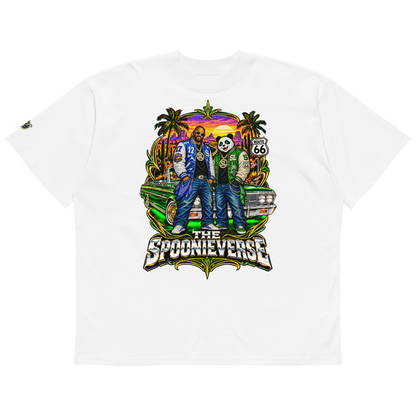 White Spoonieverse Route 66 Lowrider Sunset oversized T-shirt with colorful lowrider crew graphic on front