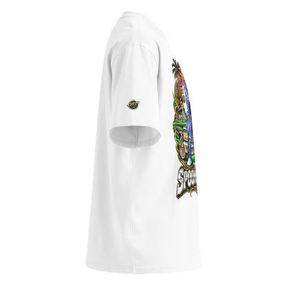 Side view of white Spoonieverse Route 66 Lowrider Sunset oversized T-shirt with colorful lowrider artwork