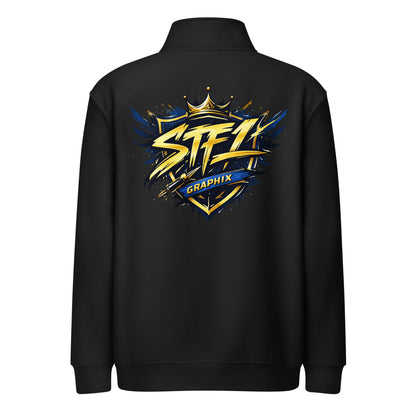 Back view of black STF1 Graphix quarter-zip sweatshirt with a large shield logo.