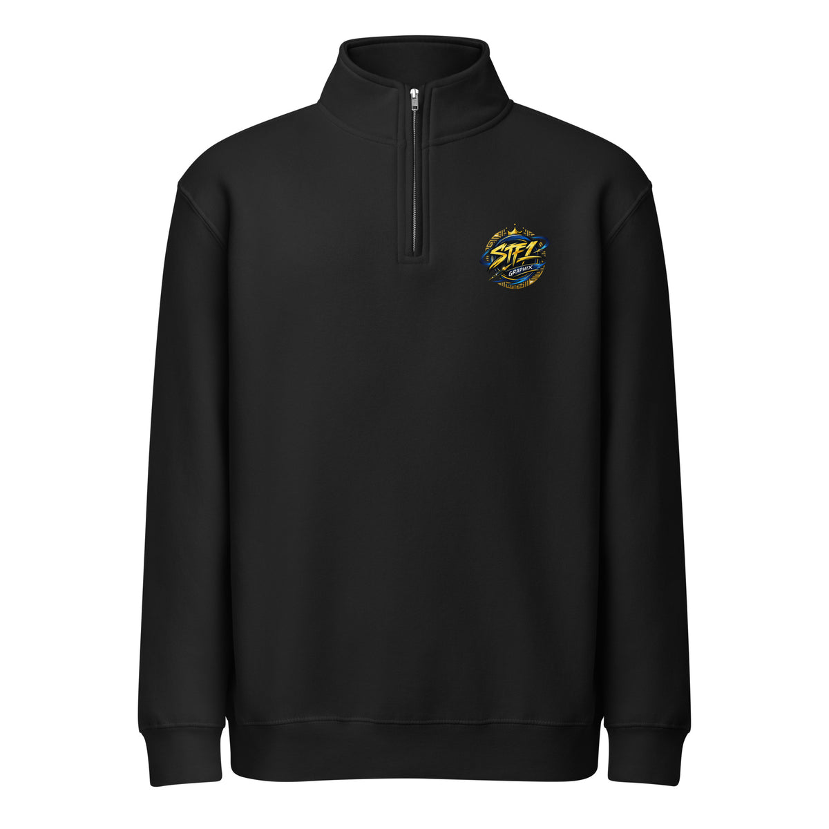 Front view of black STF1 Graphix quarter-zip sweatshirt with a small round chest logo.
