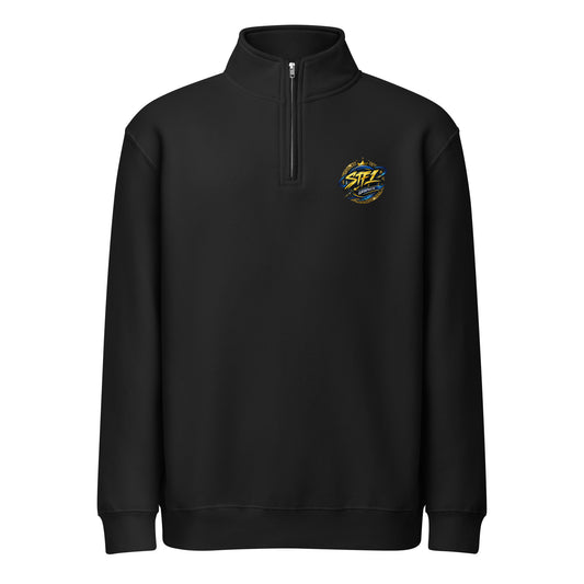 Front view of black STF1 Graphix quarter-zip sweatshirt with a small round chest logo.
