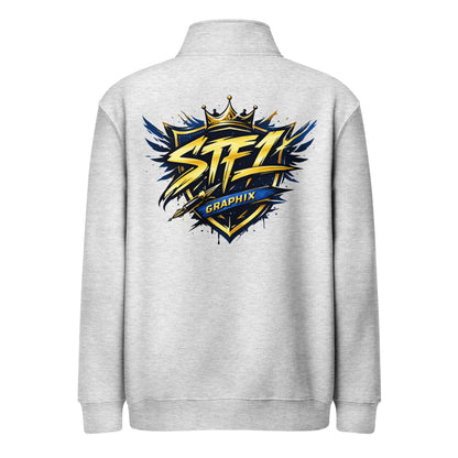Back view of Heather Grey STF1 Graphix quarter-zip sweatshirt with a large shield logo.