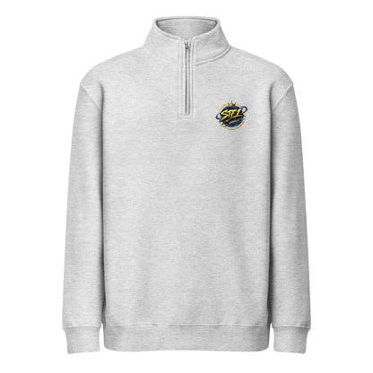 Front view of Heather Grey STF1 Graphix quarter-zip sweatshirt with a small round chest logo.
