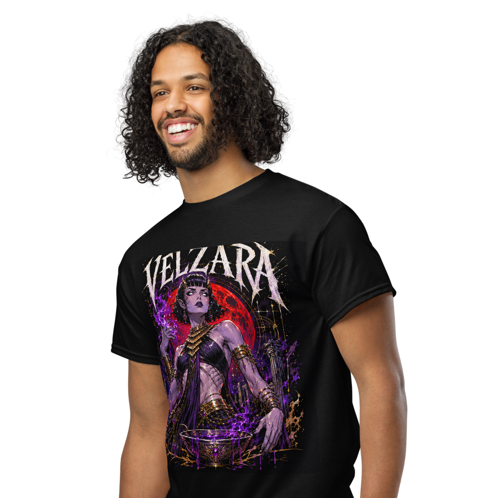 Black Velzara Queen of the Blood Moon DryBlend T-shirt, left-front view showing the original STF1 Graphix artwork