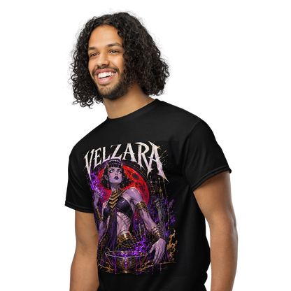 Black Velzara Queen of the Blood Moon DryBlend T-shirt, left-front view showing the original STF1 Graphix artwork