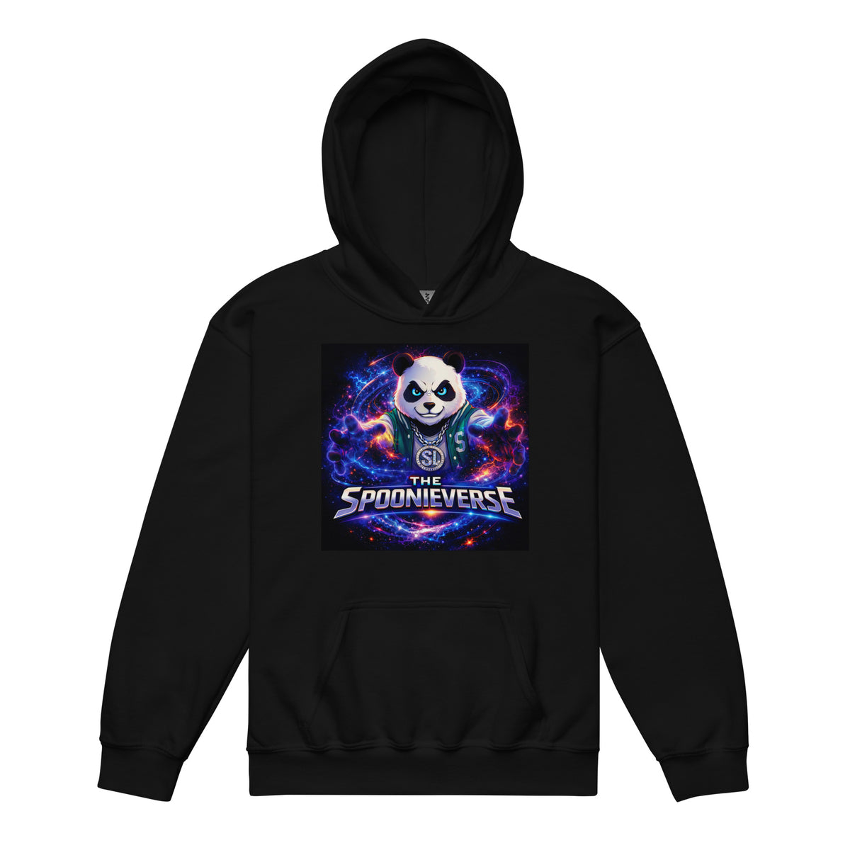 Product Front view of Spoonieverse logo youth graphic hoodie