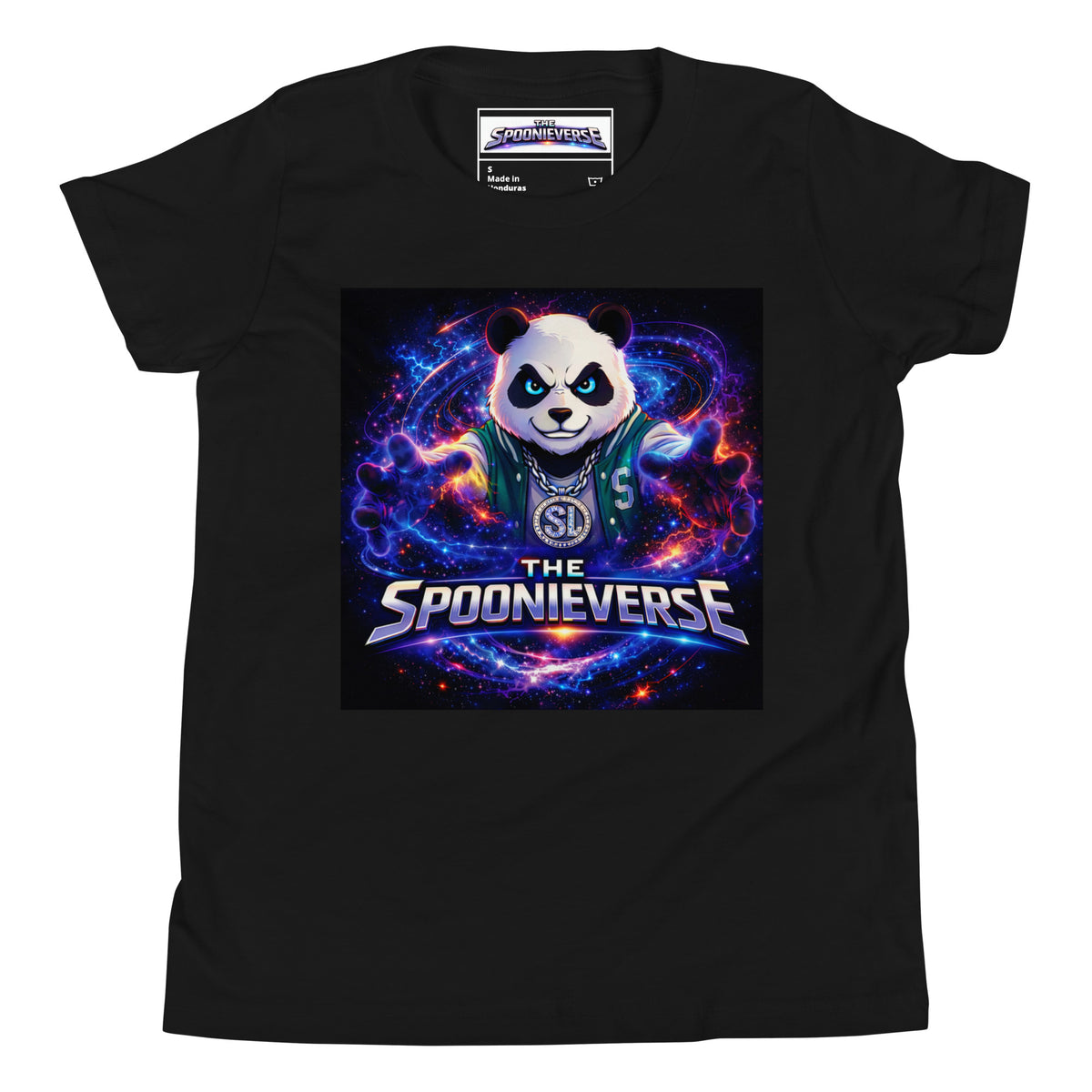 Front view of Spoonieverse logo youth graphic T-shirt Black