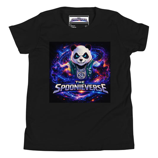 Front view of Spoonieverse logo youth graphic T-shirt Black
