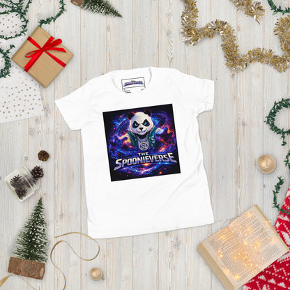 Front view of Spoonieverse logo youth graphic T-shirt White Christmas decor